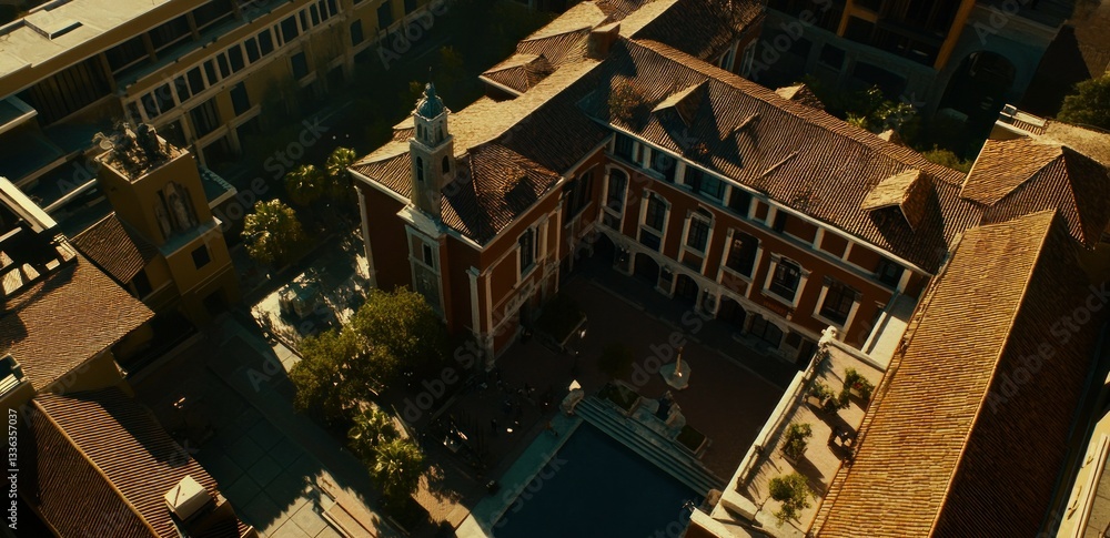Poster Overhead aerial view of a building complex with multiple rooftops