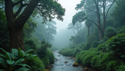 Fototapeta premium A misty forest with a gentle stream winding through lush greenery and tall trees creates a tranquil, natural haven, embodying the harmony and beauty of World Environment Day