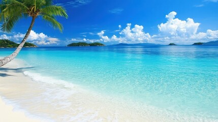 Beautiful clear blue ocean water near white sand beach and palms