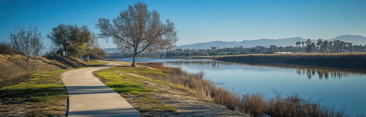 Fototapeta premium Serene riverside path with tranquil water and clear blue sky.