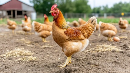 Fototapeta premium A dignified hen walks the barnyard with her brood, showcasing the charm and simplicity of rural farm life.