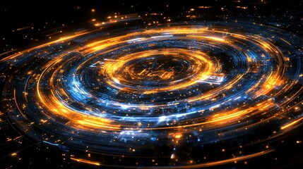 Abstract digital rings glowing with bright gold and blue lights