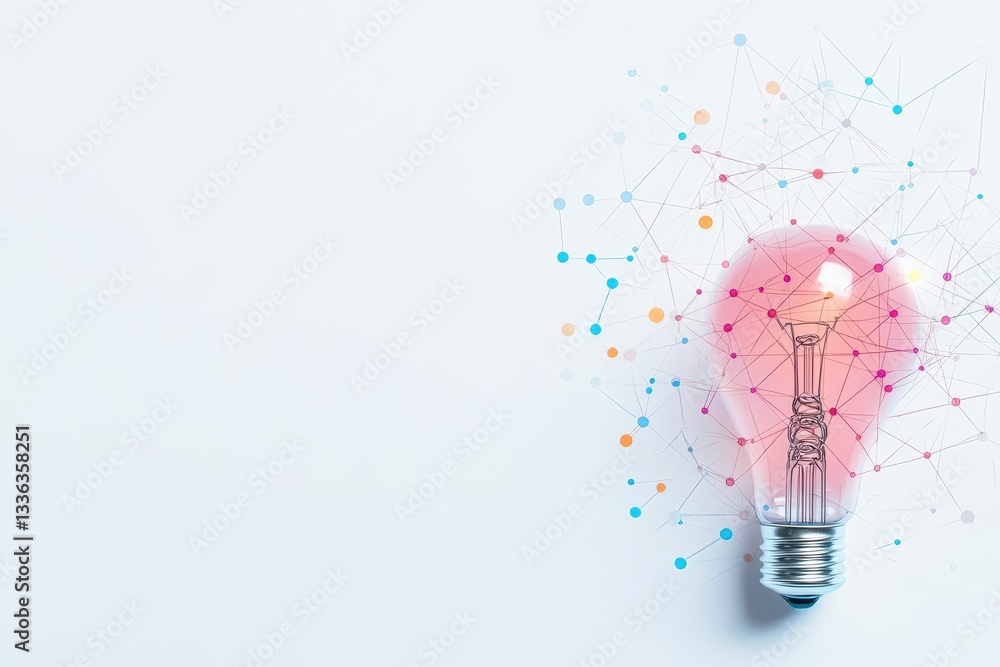 Poster a photostock images of a lightbulb surrounded by a digital network of connected dots and lines repre