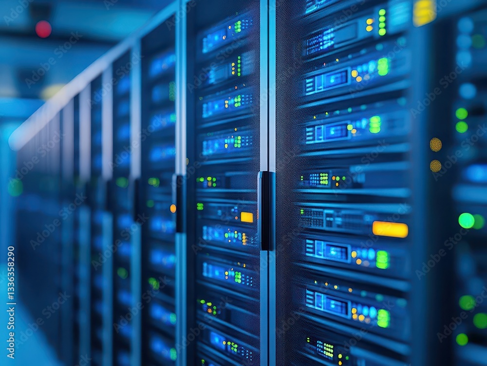 Leinwandbilder A picture of a server room with a row of servers This image can be used to depict technology, data storage, network infrastructure, or the concept of cloud computing
