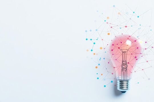 A photostock images of a lightbulb surrounded by a digital network of connected dots and lines representing innovation on a clean white background High Quality