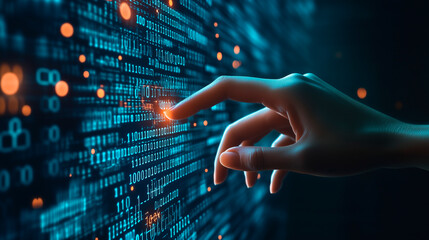 Futuristic Digital Interface with a Finger Interacting with Data