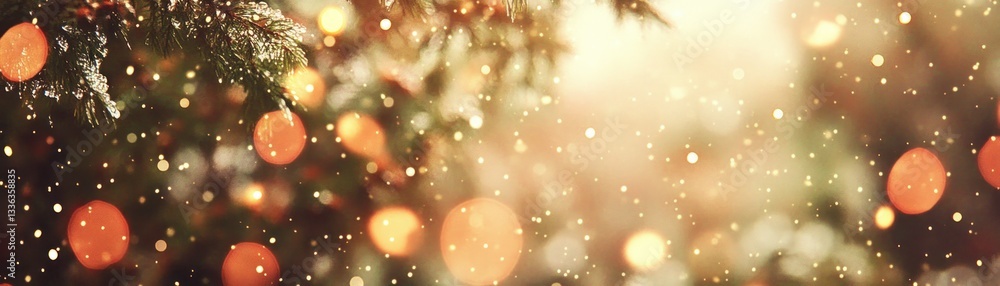 Poster a festive background displaying blurred lights and snow upon evergreen branches
