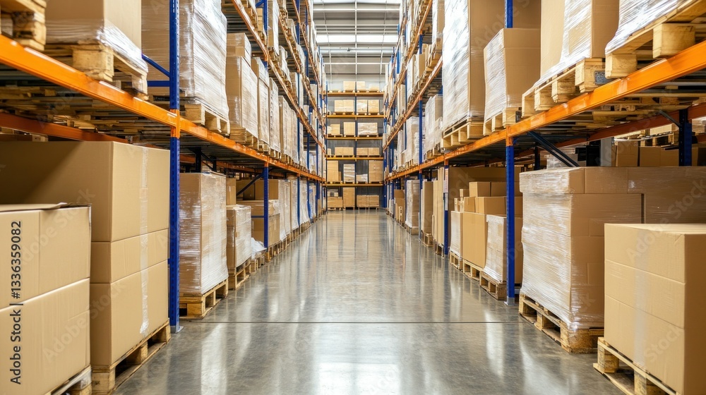 Poster boxes and pallets are stored inside a large distribution warehouse