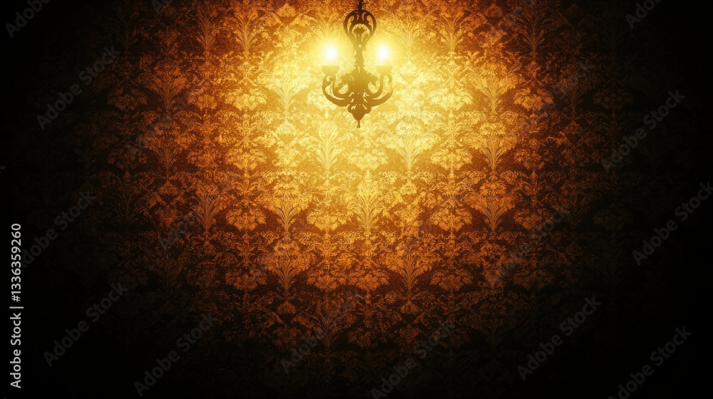 Poster a decorative chandelier illuminates patterned wallpaper creating a dramatic effect