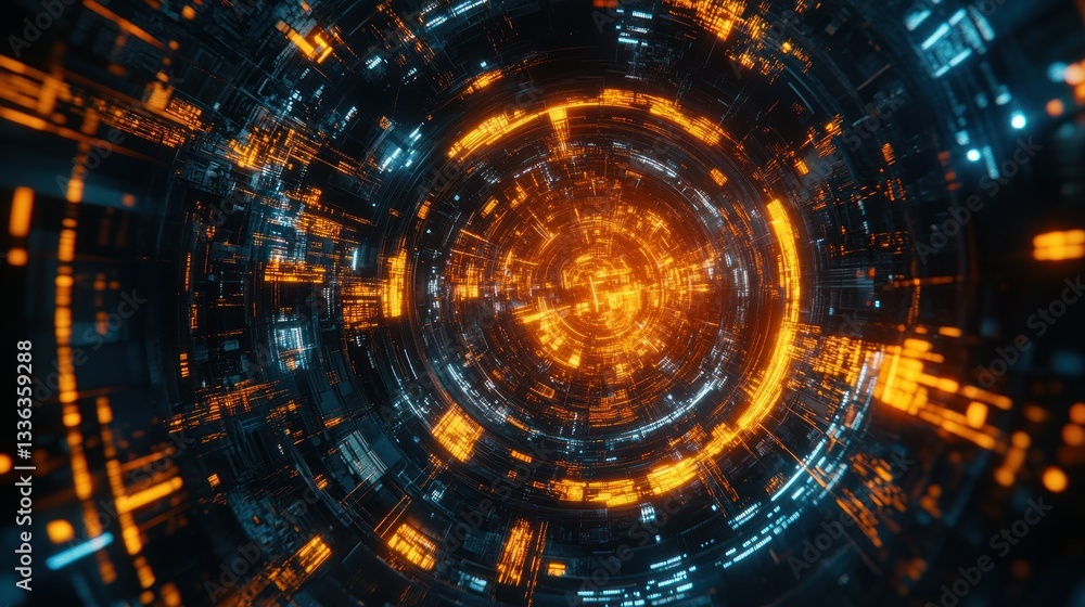 Poster A futuristic tunnel composed of circular glowing structures