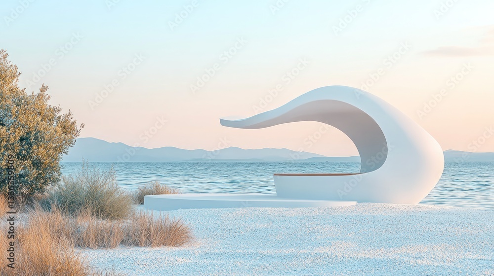 Poster an abstract white architectural structure on a beach near the ocean