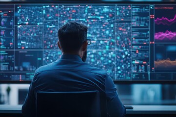 A professional man attends a virtual meeting, engaging with multiple participants displayed on a large screen in a modern workspace