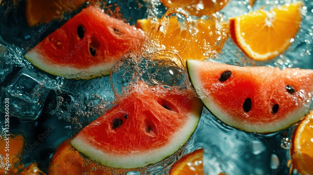 Poster slices of watermelon and oranges splash in refreshing water