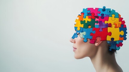 A profile view of the human head with an brain made out in puzzle pieces, white background, illustration style