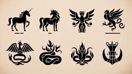 Obraz premium Collection of Eight Stylized Mythical Creatures Unicorns Griffin Serpent and More
