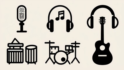 Music Icons Microphone Headphones Guitar Drums Studio Recording Symbols
