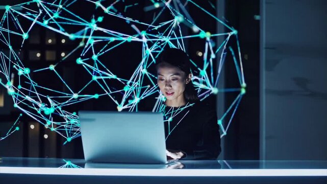 Businesswoman Analyzing Data on Computer Surrounded by Holographic Workflows, Loop Video, Generative AI