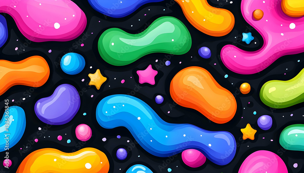 Poster colorful, glossy blobs and stars on dark background