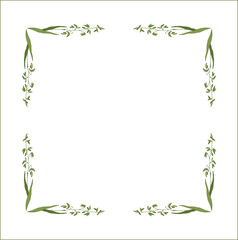 Elegant green ornamental frame with cereal spikelets, oat ears, decorative border, corners for greeting cards, banners, business cards, invitations, menus. Isolated vector illustration.	