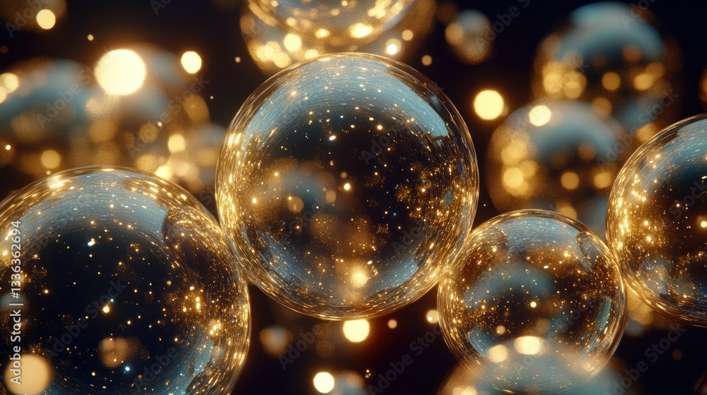Poster Several glowing transparent spheres float in a dark expanse of space