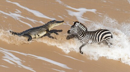 A crocodile and a zebra in the flowing river water