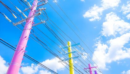 Colorful utility poles and power lines against a bright blue sky with fluffy white clouds
