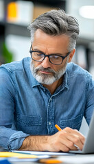 Concentrated mature man with glasses works at laptop, taking notes