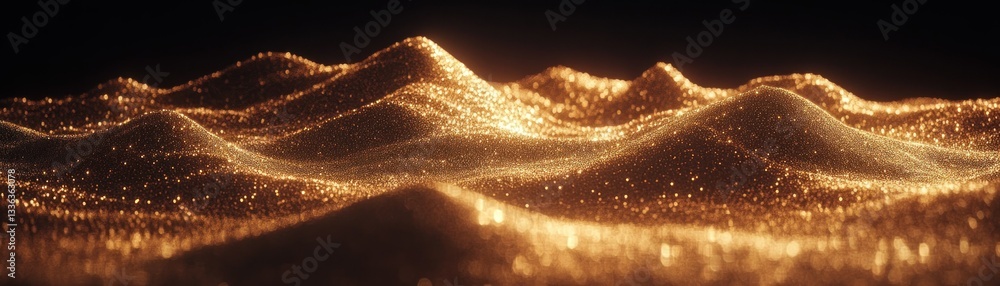 Poster an abstract depiction of flowing glittering golden particles in waves