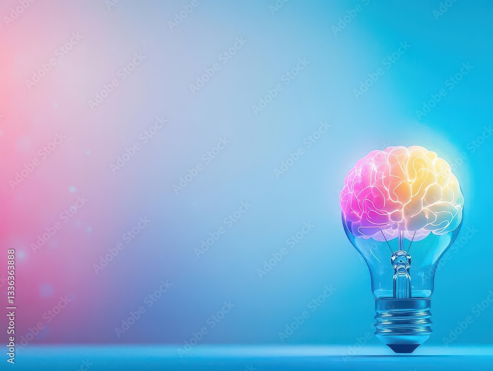 Poster A vibrant brain illuminated within a light bulb, symbolizing creativity and innovation in a colorful cosmic setting