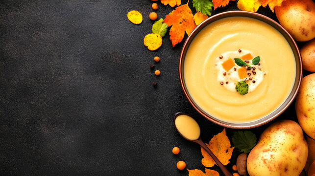 Creamy potato soup in bowl with autumn leaves