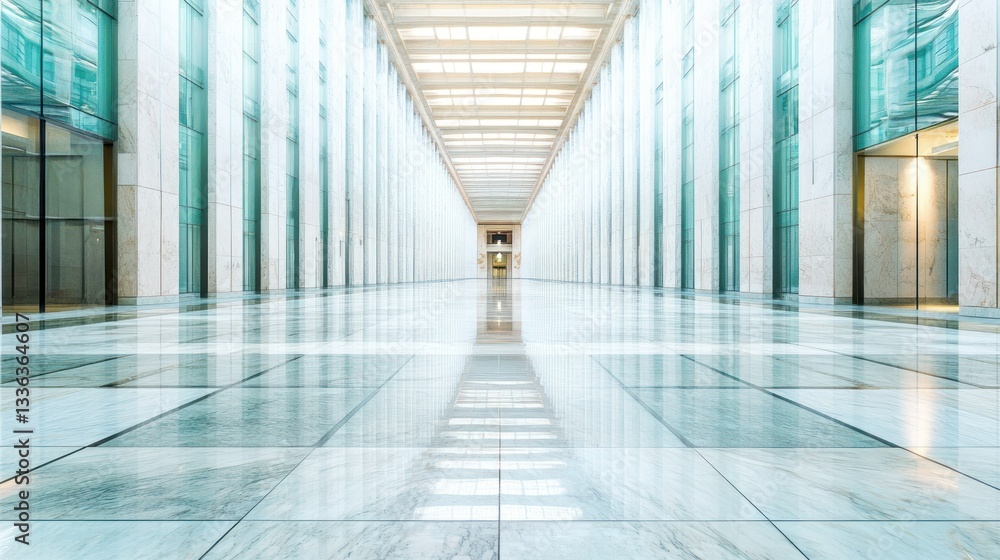 Poster a long elegant corridor with mirrored floors and large windows