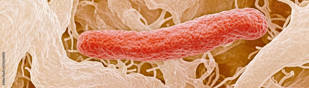 Poster A microscopic view of a red bacterium cell and matrix