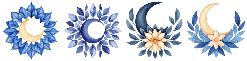 Ramadan watercolor clipart. Decorative moon and floral motifs in blue and gold tones.