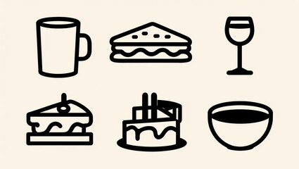 Delicious Food and Drink Icons Coffee Sandwich Cake Wine Glass Bowl