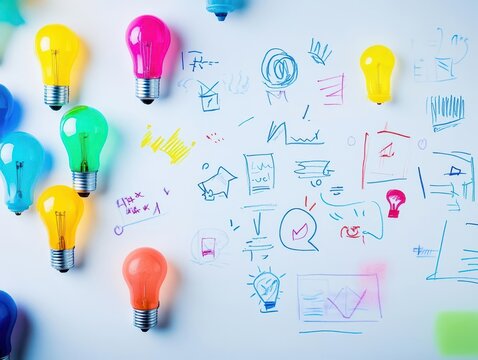 A vibrant kickoff sign with sketches and diagrams on a whiteboard, symbolizing the start of a project or meeting