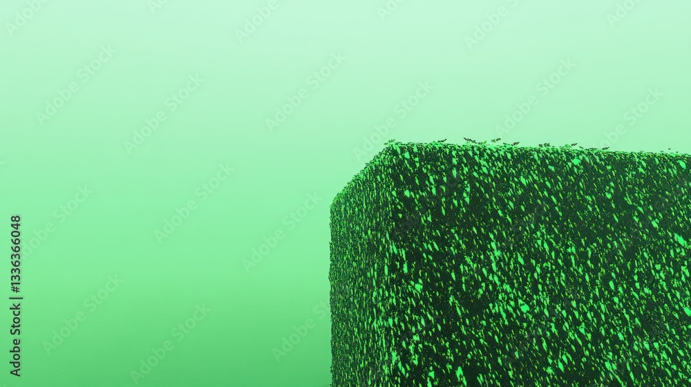 Poster a green leafy cuboid structure against a light green background