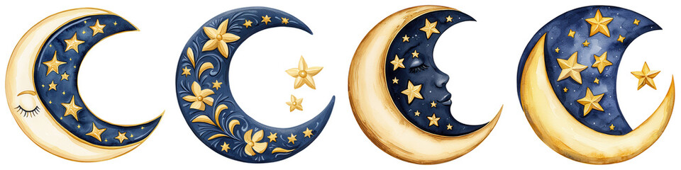 Ramadan watercolor clipart. Artistic depiction of crescent moons with stars.
