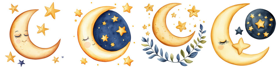 Ramadan watercolor clipart. Whimsical moon and star illustrations.