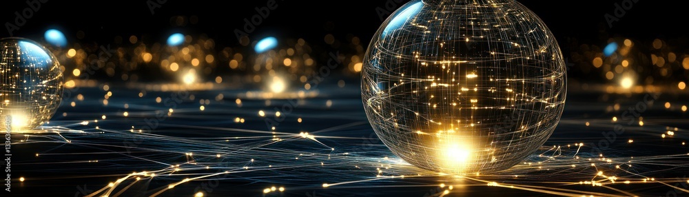 Poster Glowing spheres connected by lines and dots with dark background