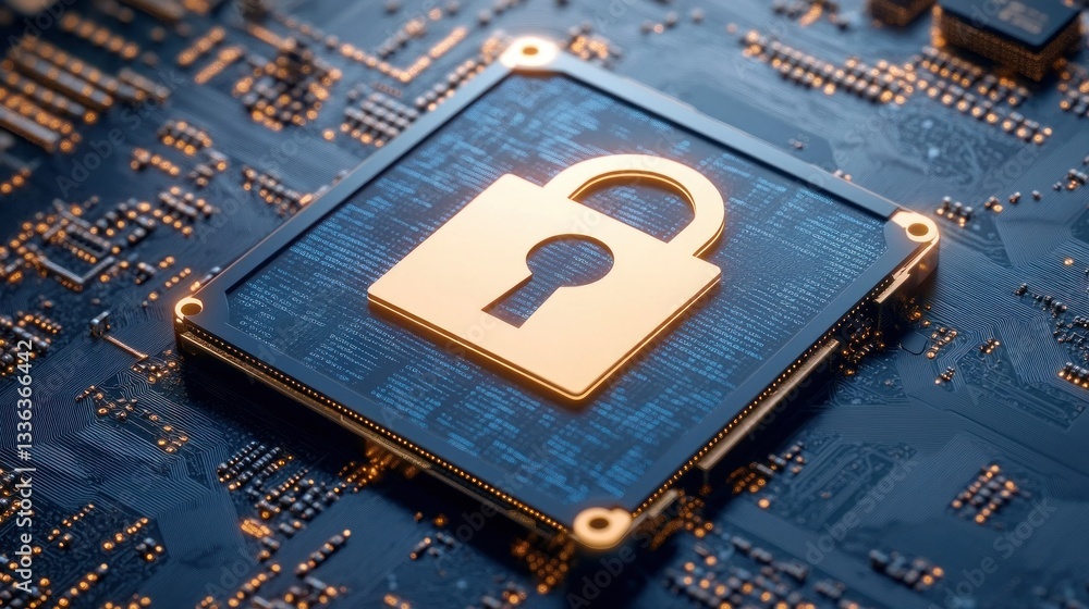 Aufkleber a computer chip with a golden padlock security symbol