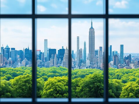 Fototapeta A view of the city from inside an office building, the New York skyline visible through glass windows Trees can be seen outside, with towering skyscrapers in the distance