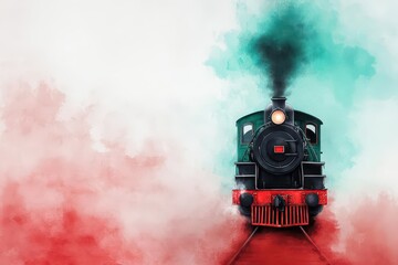 A vintage steam train in a Christmas theme, painted in watercolor style with red and green accents
