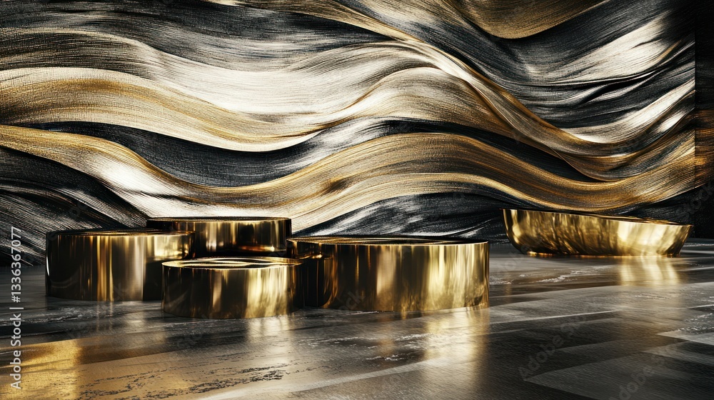 Poster gold pedestals and textured background create a luxurious display