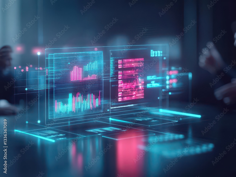 Aufkleber A virtual team conducting a product review, with 3D glowing product elements projected and 2D performance analytics 4k resolution, Cinematic Scene
