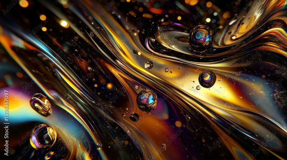 Poster Abstract liquid with iridescent colors and reflective bubbles on display
