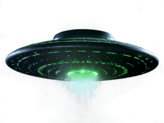 Realistic UFO with Glowing Green Energy Core Hovering Silently in Night