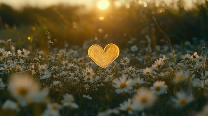 Fototapeta premium A golden heart floats above a field of blossoming daisies at sunset