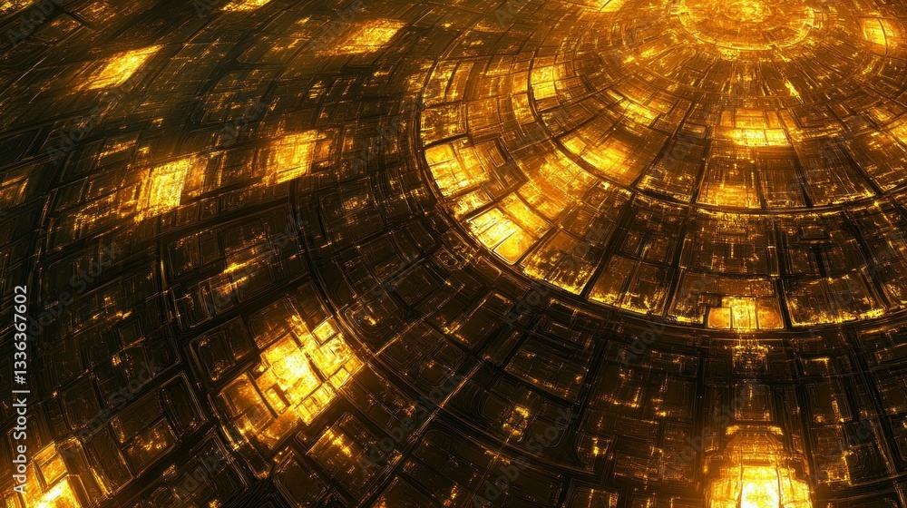 Poster a golden intricate illuminated structure creates a radiant swirling pattern