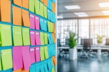 A wall of colorful sticky notes in an office reflects a dynamic, brainstorming environment filled with creative ideas and collaboration