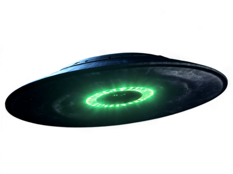Realistic UFO with Glowing Green Energy Core Hovering in the Night Sky